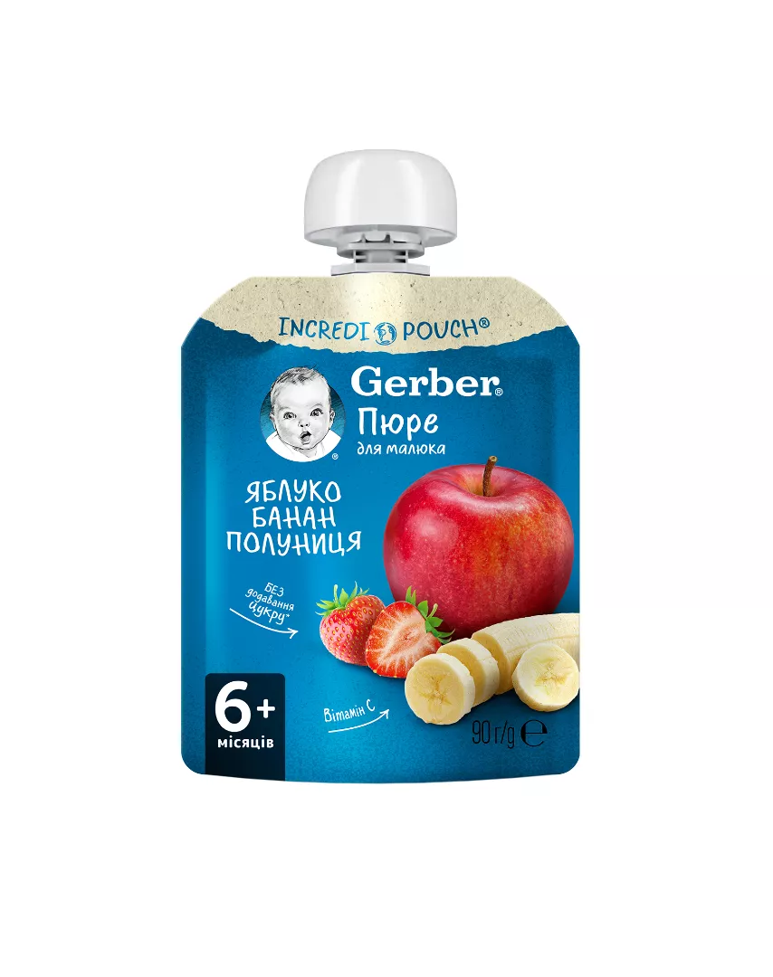 Пюре Gerber яблоко, банан и клубника 90г (пауч)